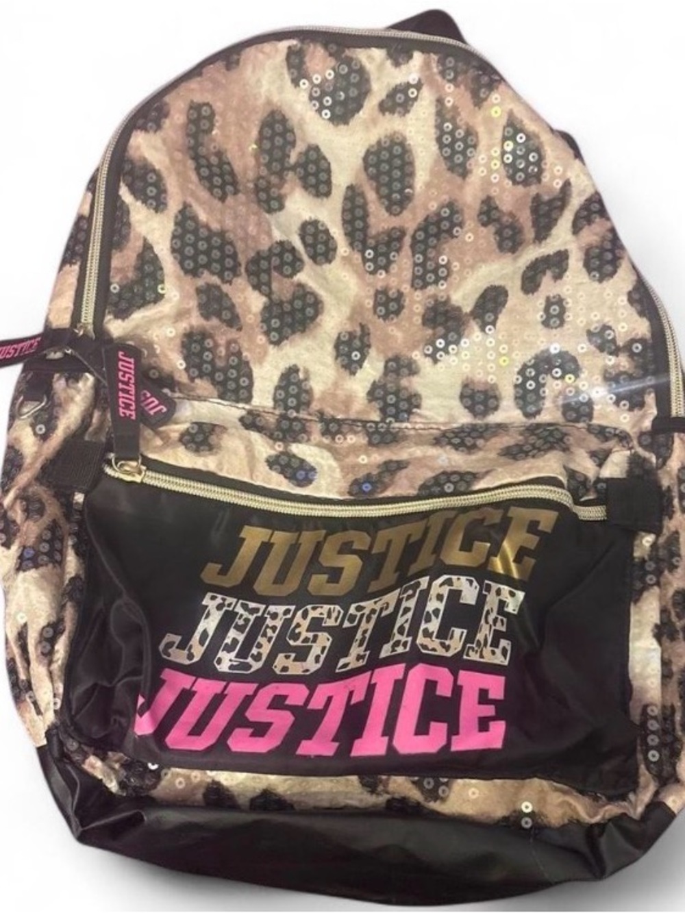 Justice Leopard Sequin Backpack with Pink Logo